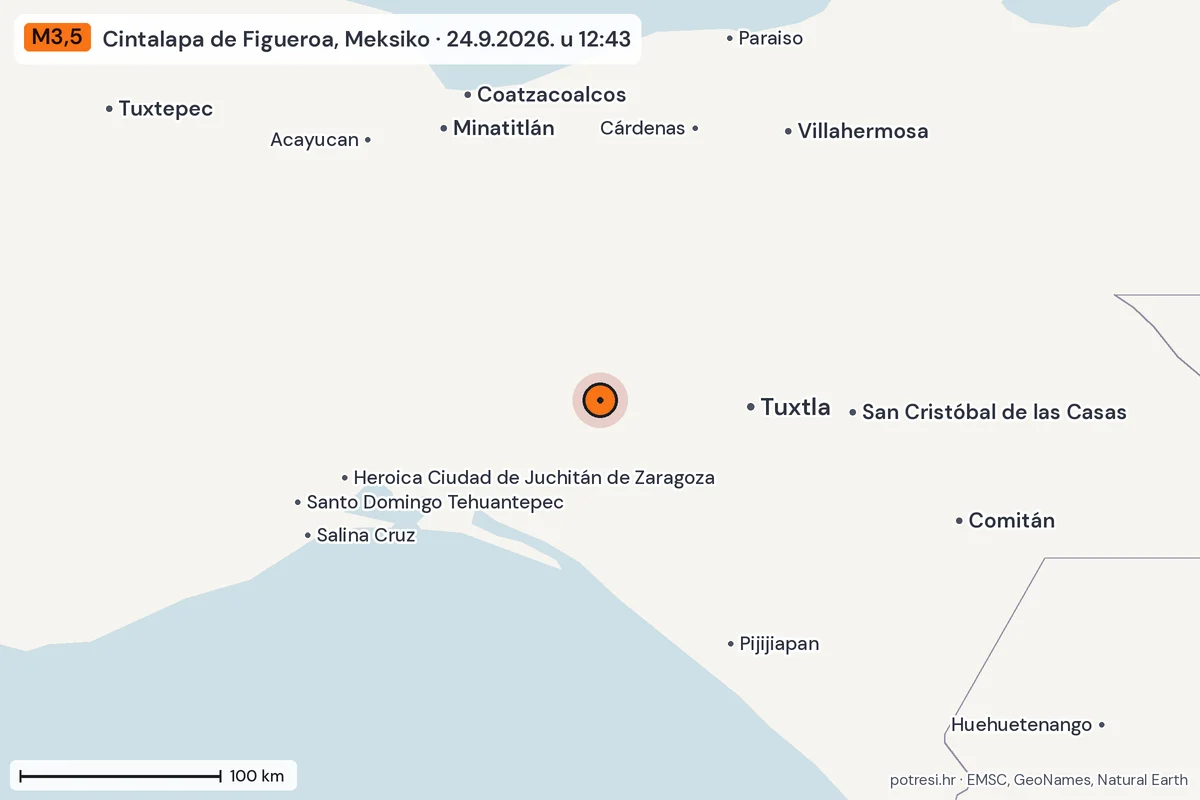 Karta: šire područje, 600 km, potres M3,5, Cintalapa de Figueroa, Meksiko, 24.9.2026.