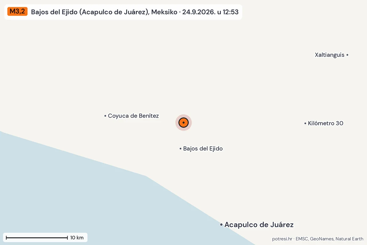 Karta: okolica epicentra, 60 km, potres M3,2, Bajos del Ejido (Acapulco de Juárez), Meksiko, 24.9.2026.