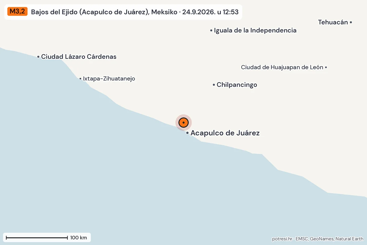 Karta: šire područje, 600 km, potres M3,2, Bajos del Ejido (Acapulco de Juárez), Meksiko, 24.9.2026.