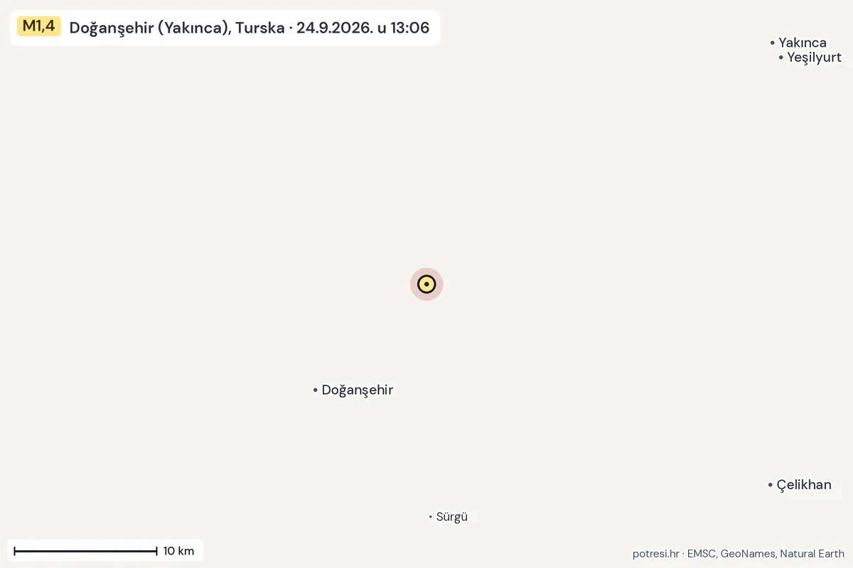 Karta: okolica epicentra, 60 km, potres M1,4, Doğanşehir (Yakınca), Turska, 24.9.2026.