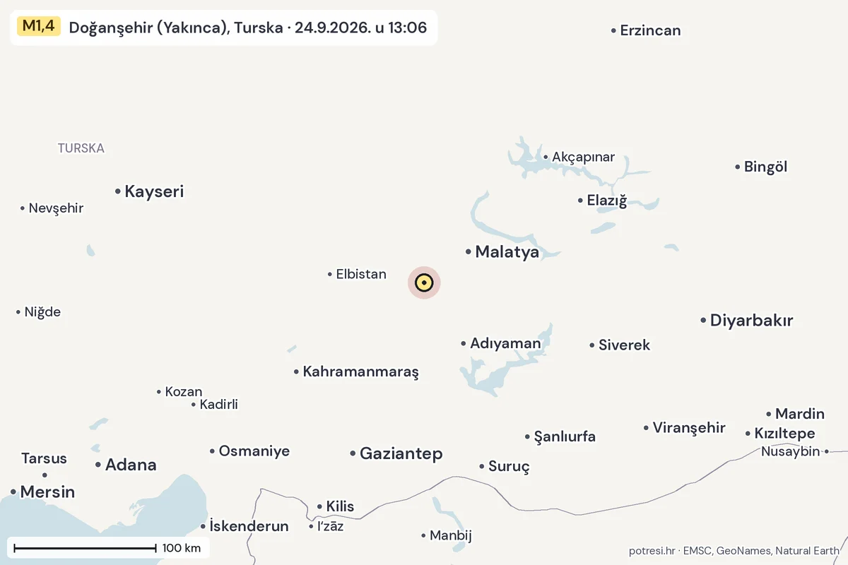 Karta: šire područje, 600 km, potres M1,4, Doğanşehir (Yakınca), Turska, 24.9.2026.