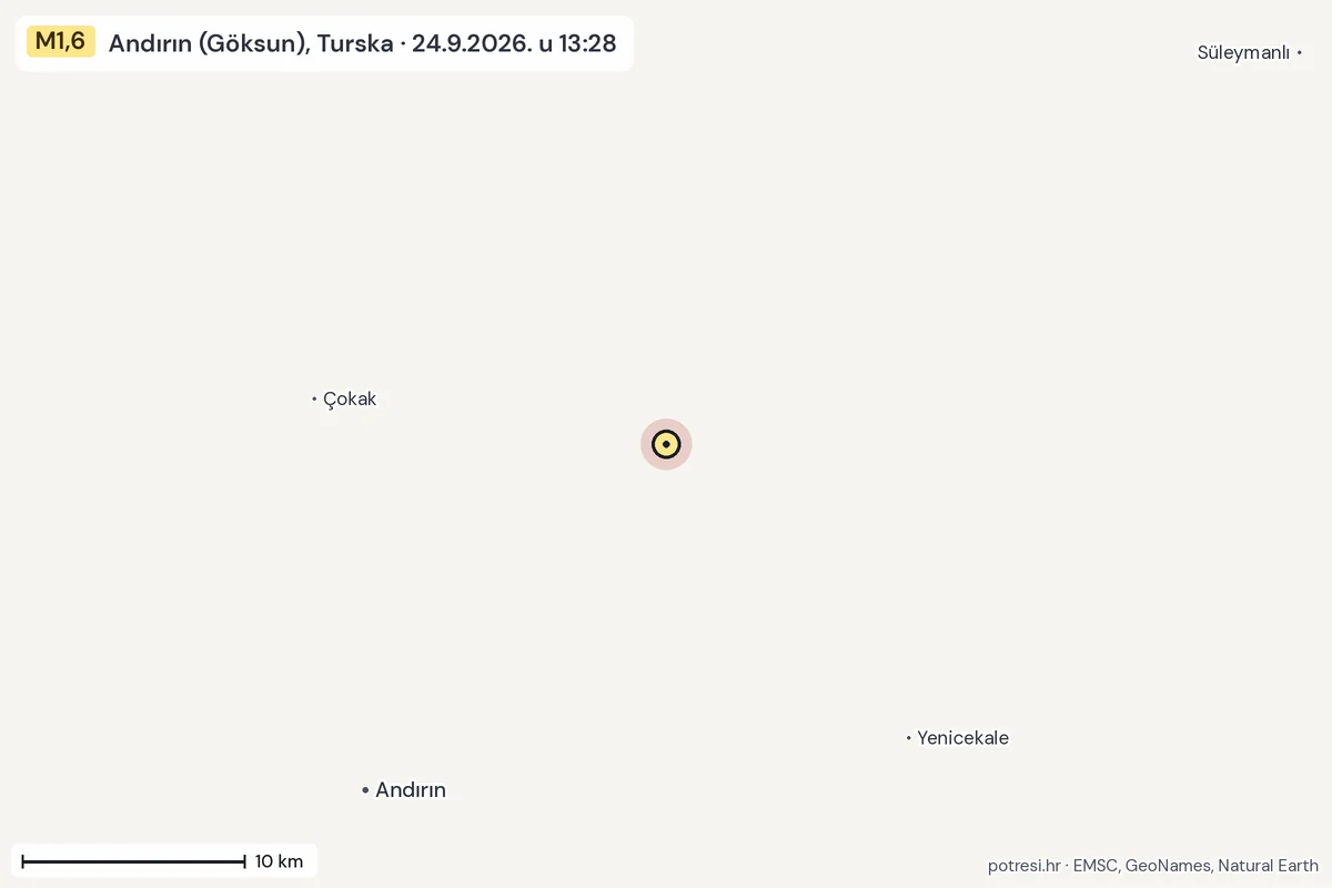Karta: okolica epicentra, 60 km, potres M1,6, Andırın (Göksun), Turska, 24.9.2026.