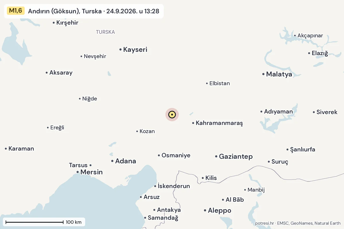 Karta: šire područje, 600 km, potres M1,6, Andırın (Göksun), Turska, 24.9.2026.
