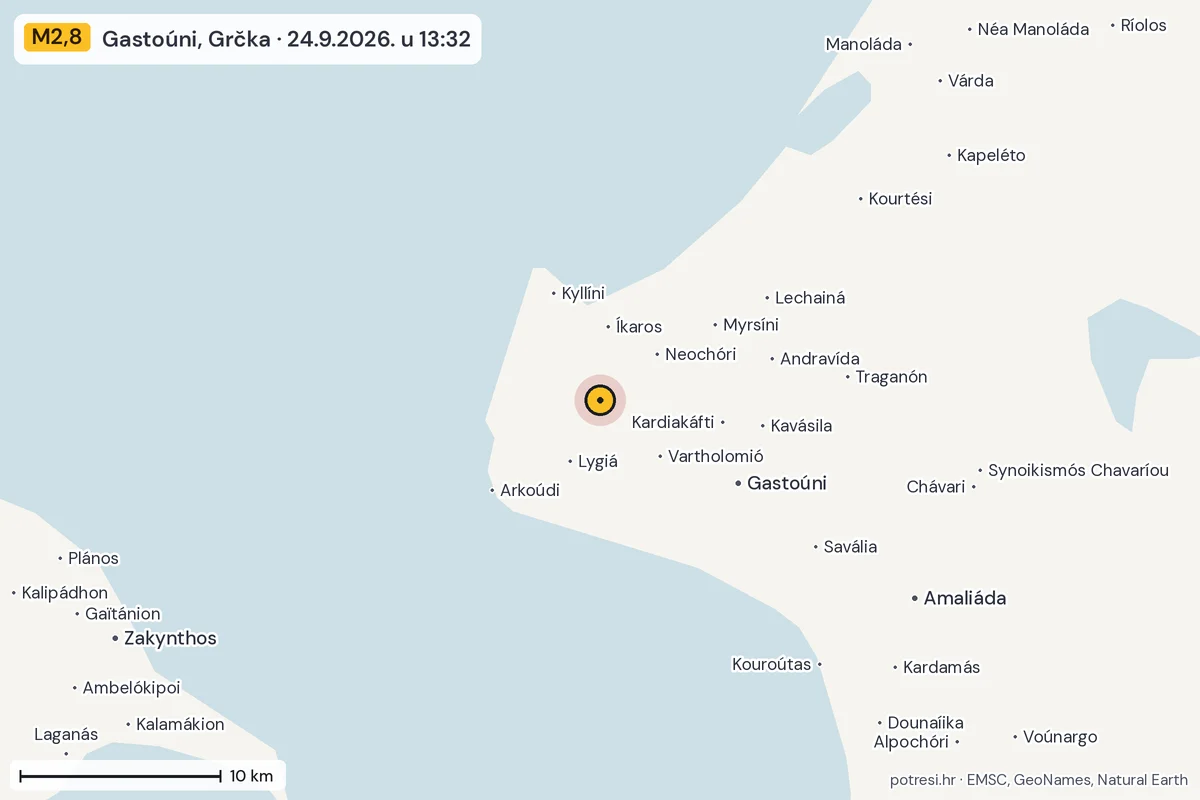 Karta: okolica epicentra, 60 km, potres M2,8, Gastoúni, Grčka, 24.9.2026.
