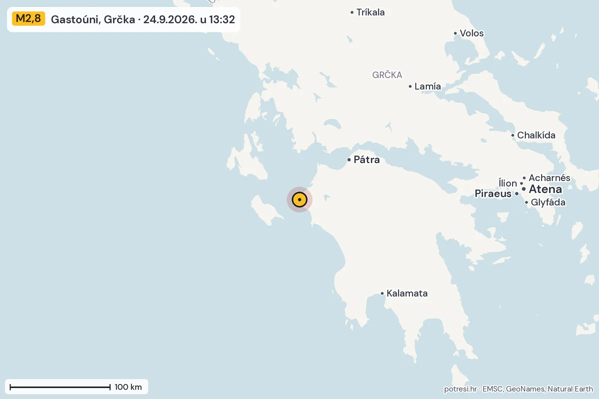 Karta: šire područje, 600 km, potres M2,8, Gastoúni, Grčka, 24.9.2026.
