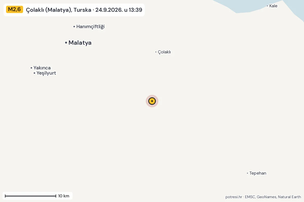 Karta: okolica epicentra, 60 km, potres M2,6, Çolaklı (Malatya), Turska, 24.9.2026.
