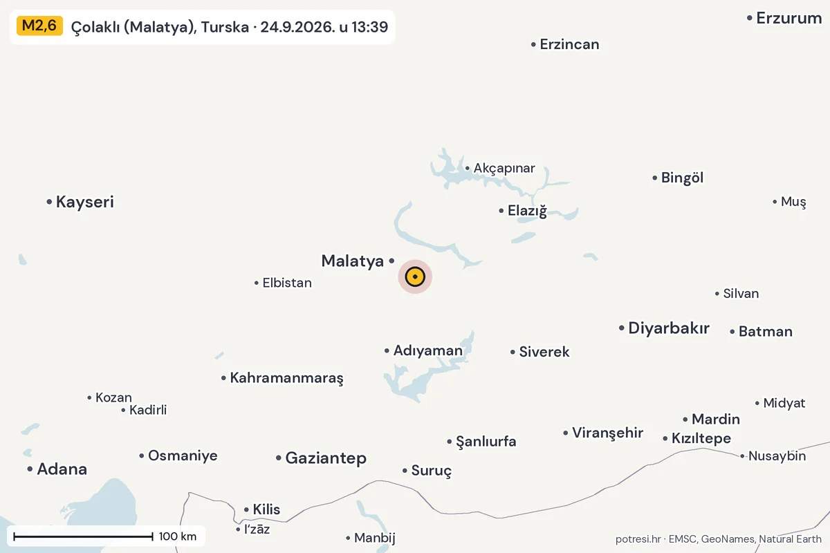 Karta: šire područje, 600 km, potres M2,6, Çolaklı (Malatya), Turska, 24.9.2026.