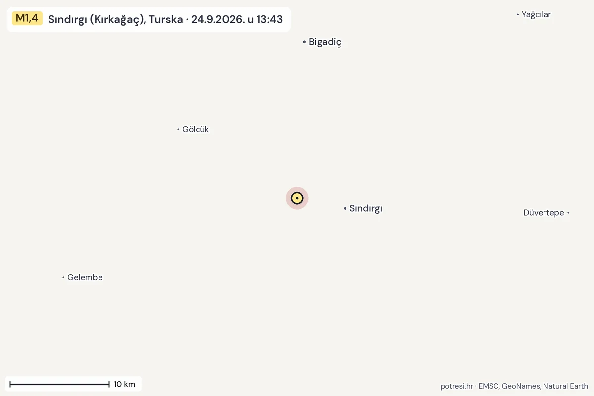 Karta: okolica epicentra, 60 km, potres M1,4, Sındırgı (Kırkağaç), Turska, 24.9.2026.