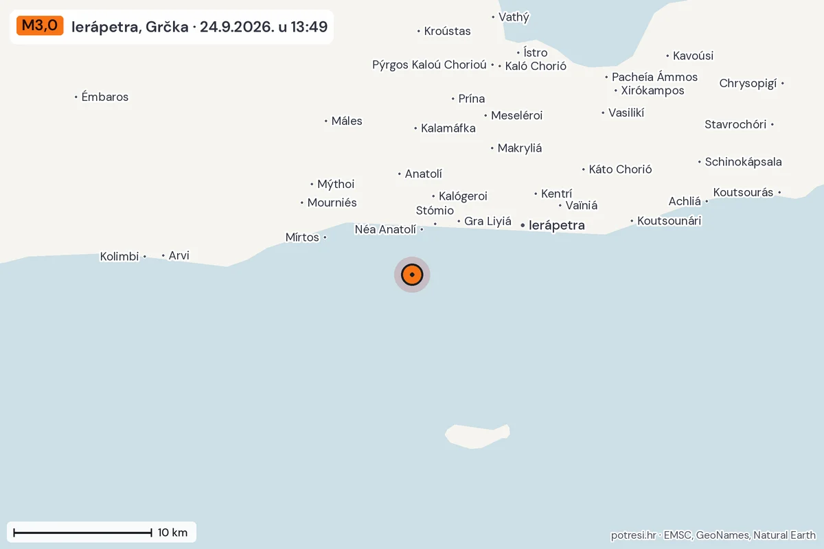 Karta: okolica epicentra, 60 km, potres M3,0, Ierápetra, Grčka, 24.9.2026.