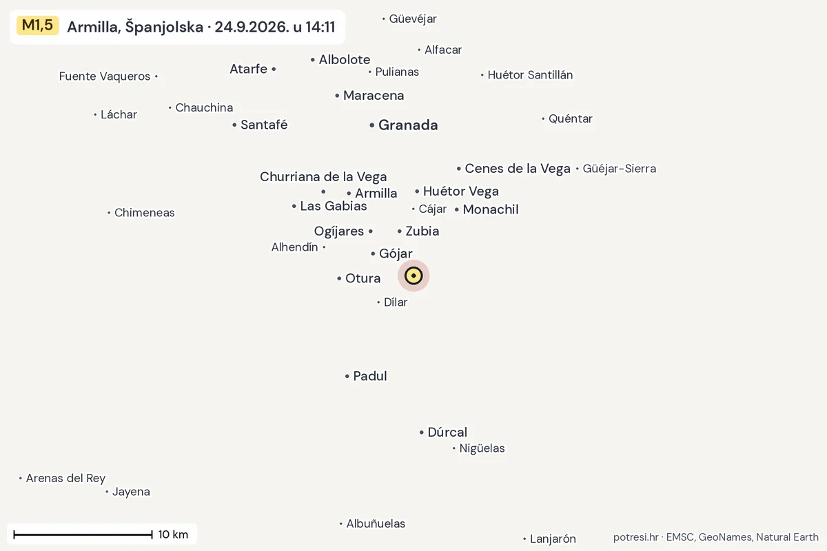 Karta: okolica epicentra, 60 km, potres M1,5, Armilla, Španjolska, 24.9.2026.