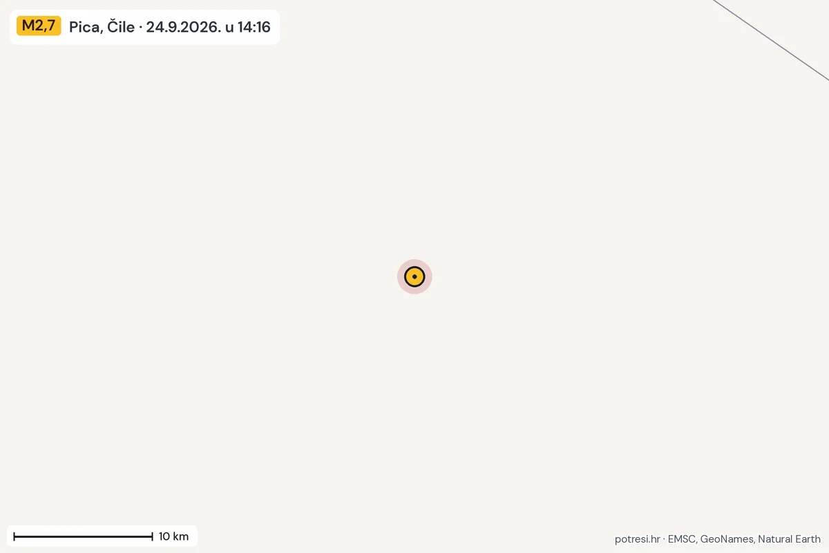 Karta: okolica epicentra, 60 km, potres M2,7, Pica, Čile, 24.9.2026.