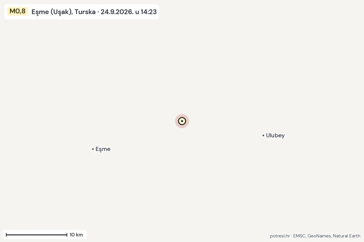 Karta: okolica epicentra, 60 km, potres M0,8, Eşme (Uşak), Turska, 24.9.2026.