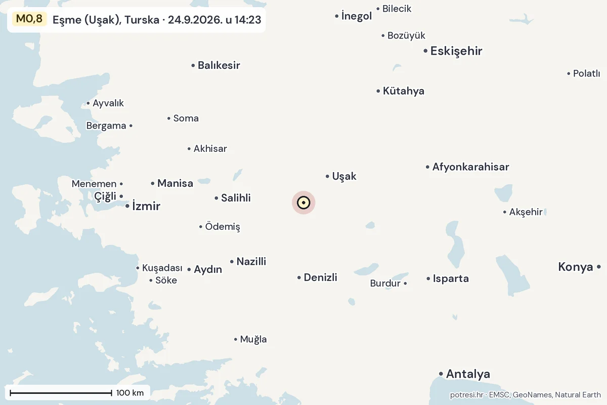 Karta: šire područje, 600 km, potres M0,8, Eşme (Uşak), Turska, 24.9.2026.