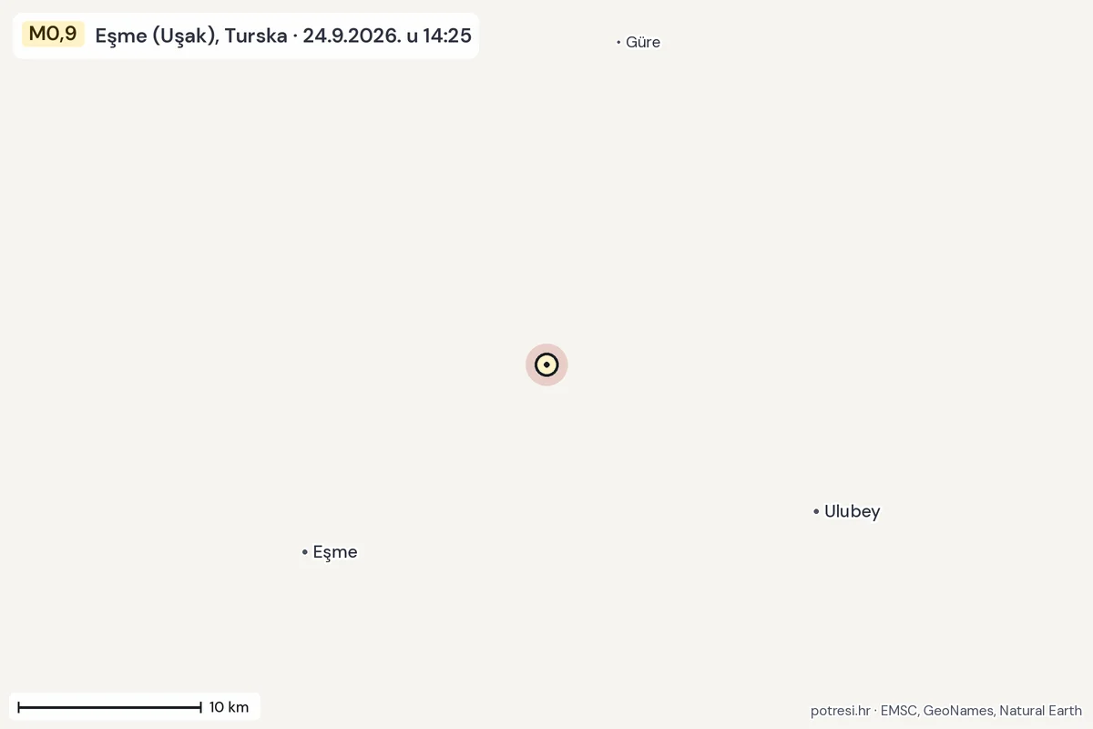 Karta: okolica epicentra, 60 km, potres M0,9, Eşme (Uşak), Turska, 24.9.2026.