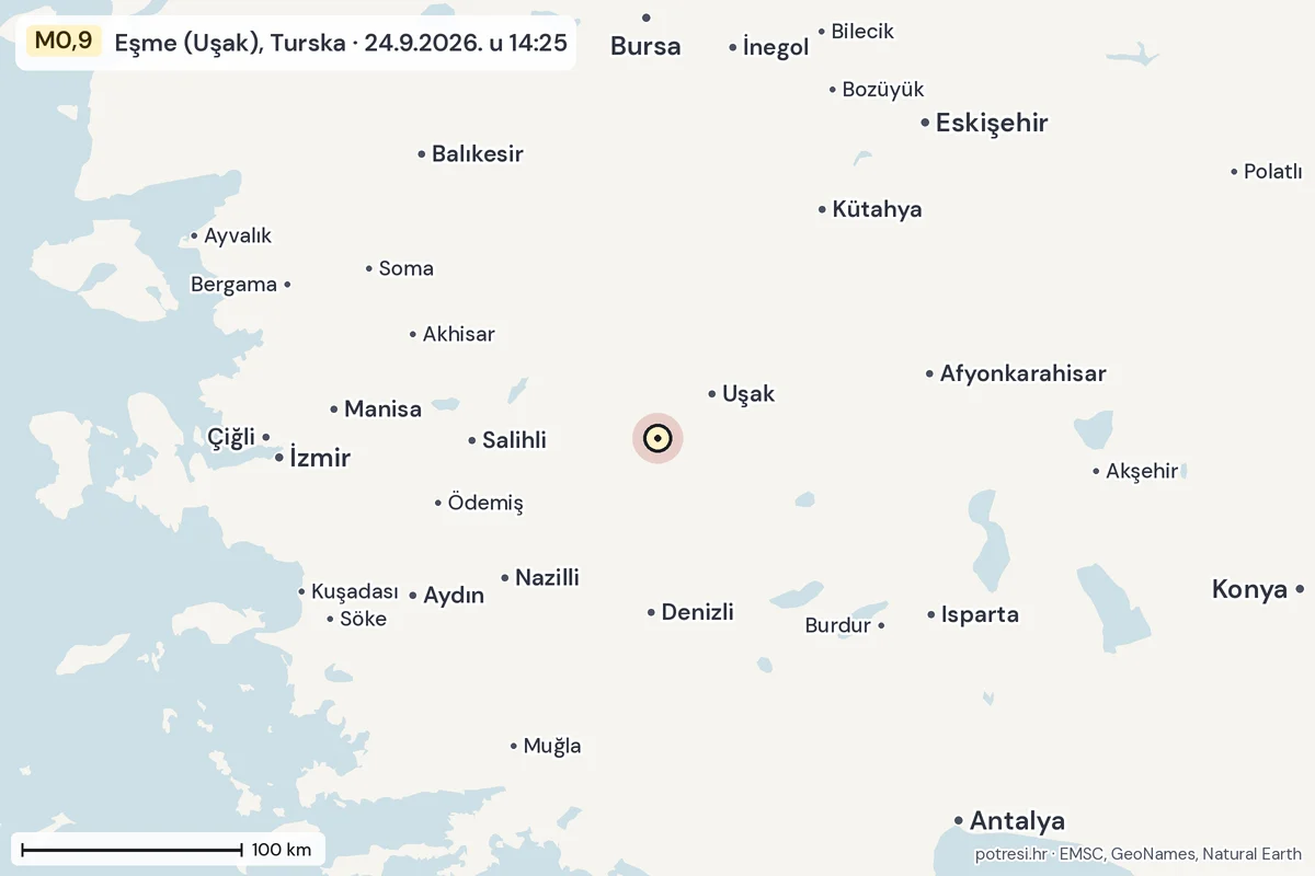 Karta: šire područje, 600 km, potres M0,9, Eşme (Uşak), Turska, 24.9.2026.