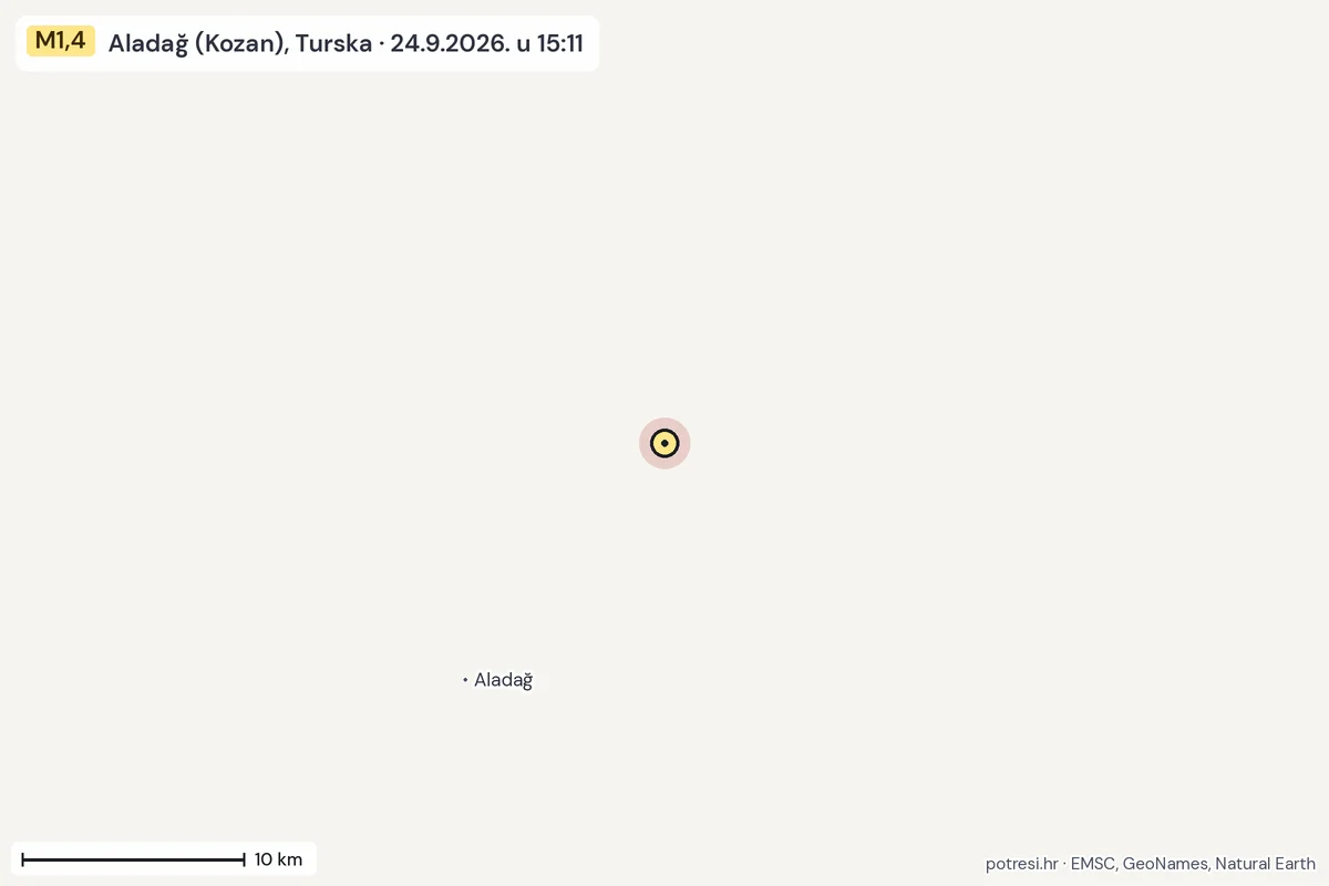 Karta: okolica epicentra, 60 km, potres M1,4, Aladağ (Kozan), Turska, 24.9.2026.