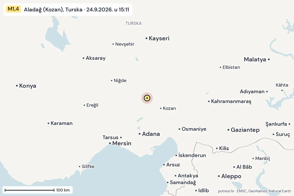 Karta: šire područje, 600 km, potres M1,4, Aladağ (Kozan), Turska, 24.9.2026.