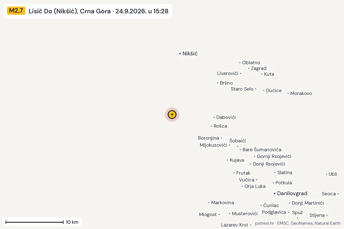 Karta: okolica epicentra, 60 km, potres M2,7, Lisič Do (Nikšić), Crna Gora, 24.9.2026.
