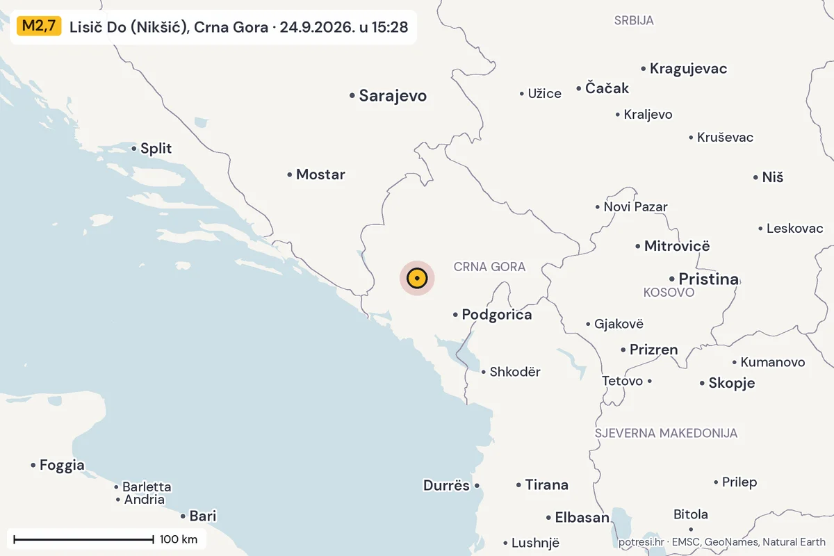 Karta: šire područje, 600 km, potres M2,7, Lisič Do (Nikšić), Crna Gora, 24.9.2026.