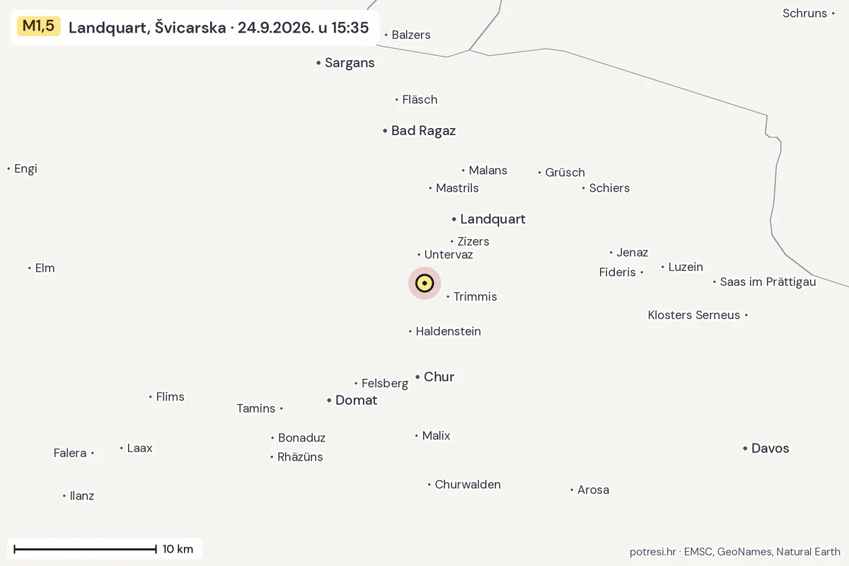 Karta: okolica epicentra, 60 km, potres M1,5, Landquart, Švicarska, 24.9.2026.