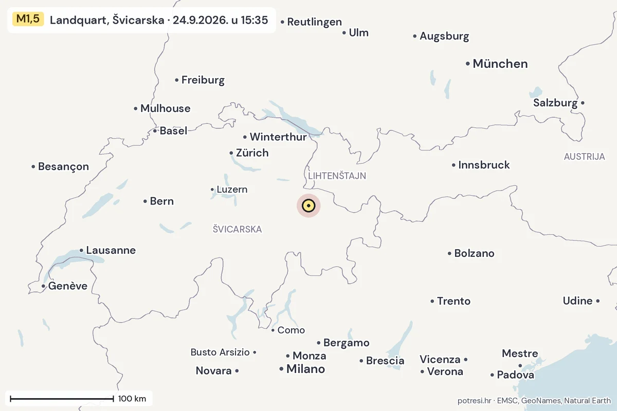 Karta: šire područje, 600 km, potres M1,5, Landquart, Švicarska, 24.9.2026.