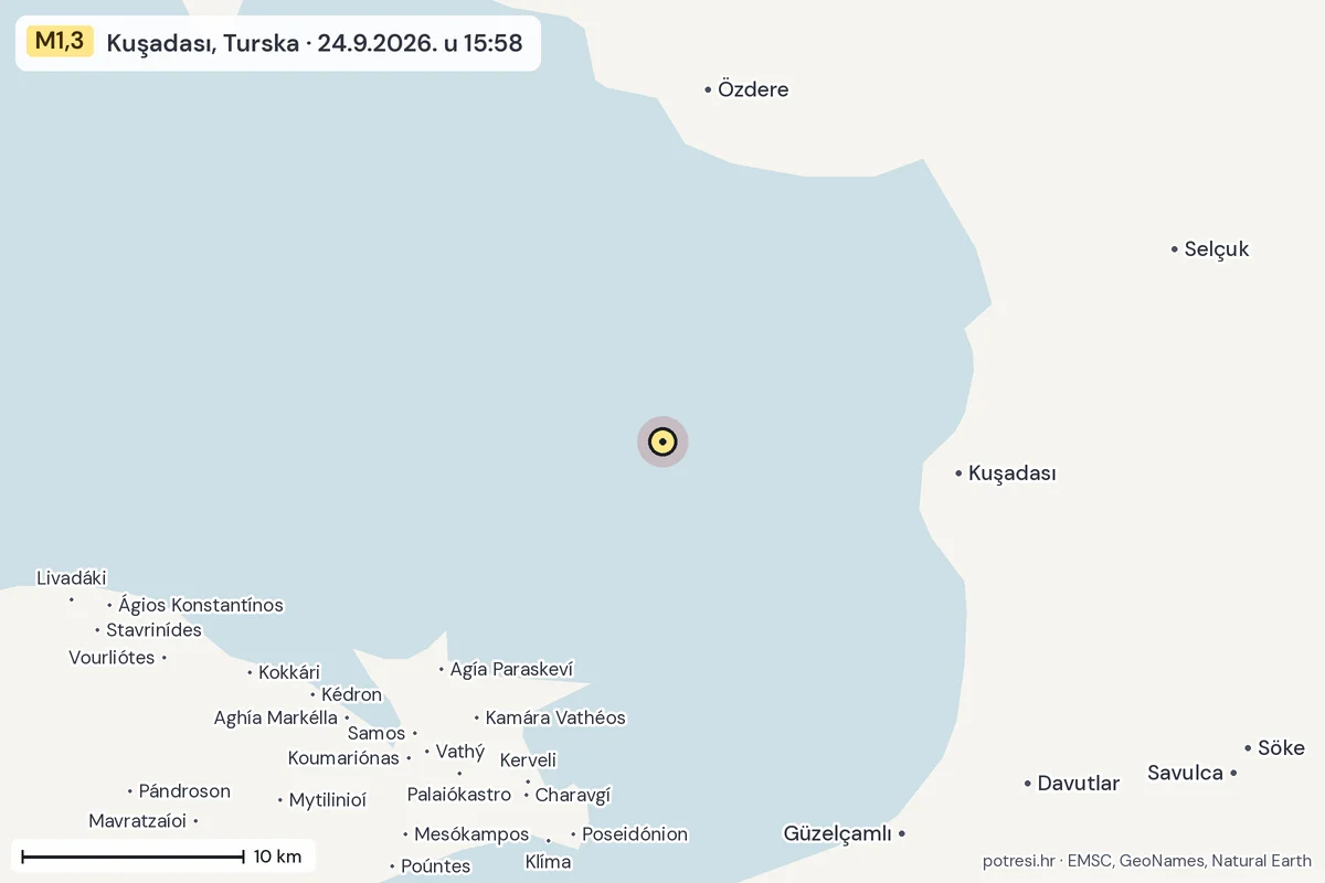 Karta: okolica epicentra, 60 km, potres M1,3, Kuşadası, Turska, 24.9.2026.