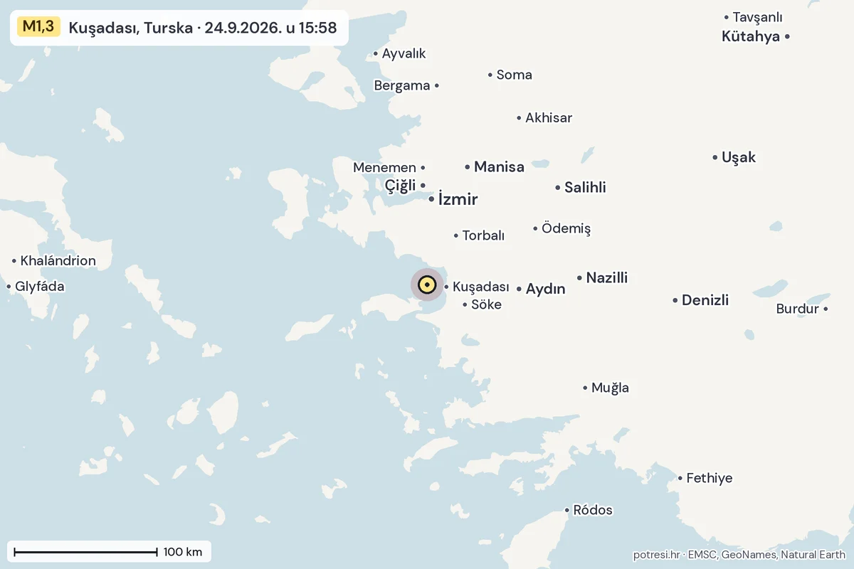 Karta: šire područje, 600 km, potres M1,3, Kuşadası, Turska, 24.9.2026.