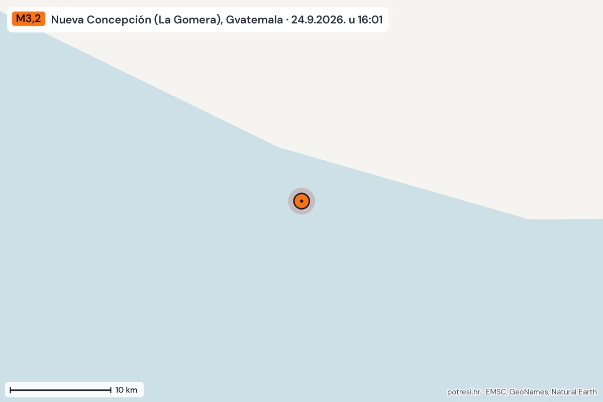 Karta: okolica epicentra, 60 km, potres M3,2, Nueva Concepción (La Gomera), Gvatemala, 24.9.2026.