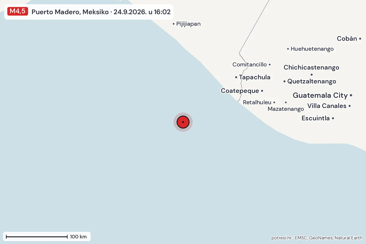 Karta: šire područje, 600 km, potres M4,5, Puerto Madero, Meksiko, 24.9.2026.