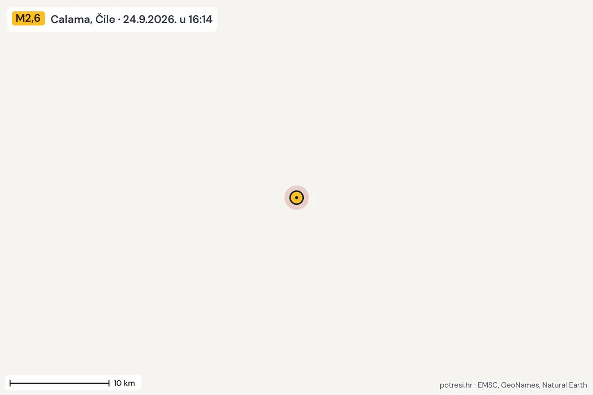 Karta: okolica epicentra, 60 km, potres M2,6, Calama, Čile, 24.9.2026.