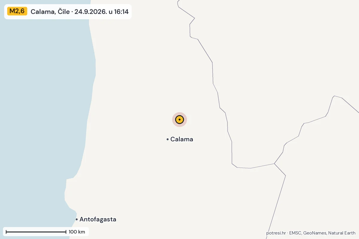 Karta: šire područje, 600 km, potres M2,6, Calama, Čile, 24.9.2026.