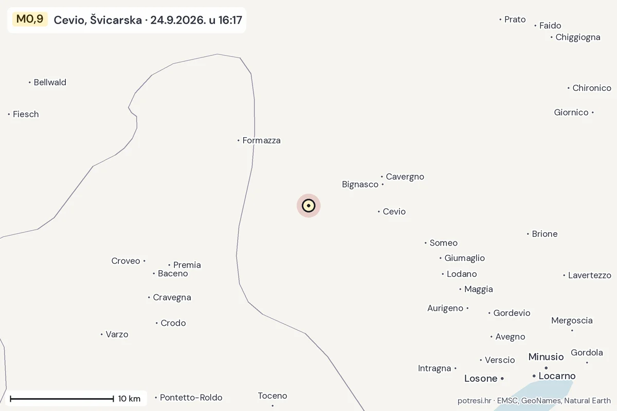 Karta: okolica epicentra, 60 km, potres M0,9, Cevio, Švicarska, 24.9.2026.
