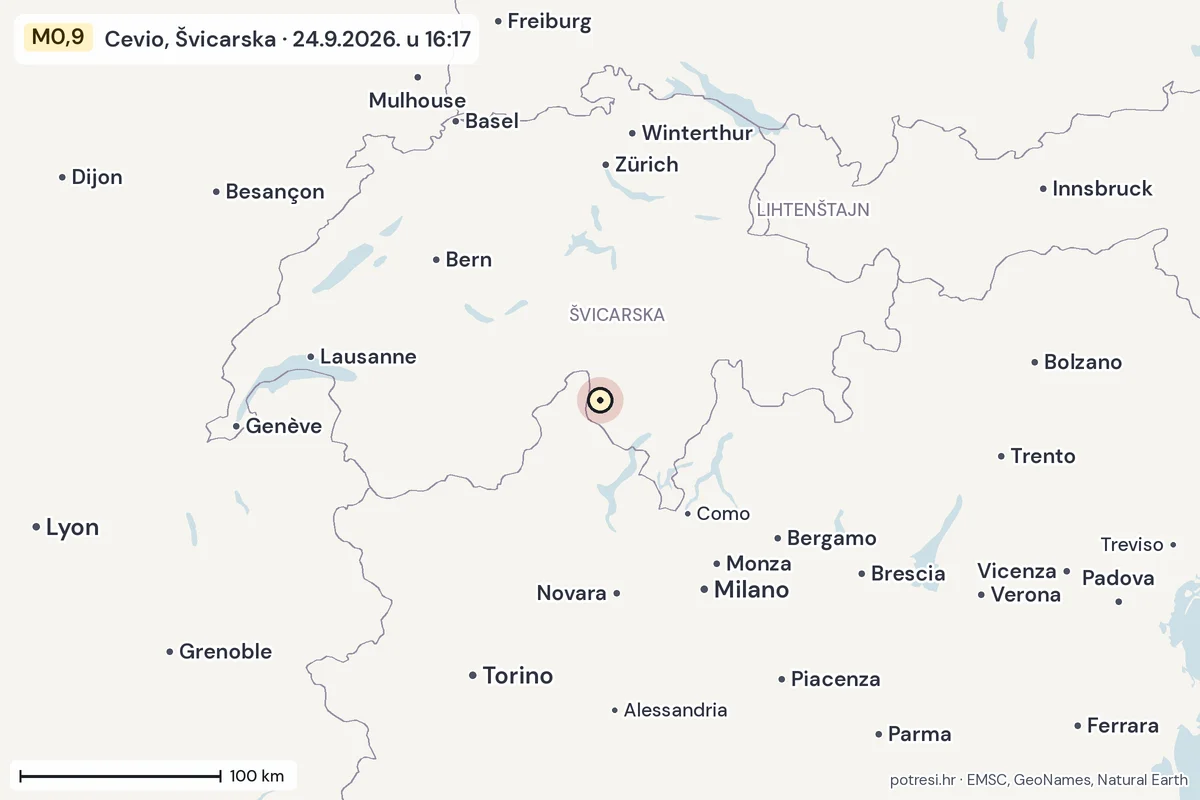Karta: šire područje, 600 km, potres M0,9, Cevio, Švicarska, 24.9.2026.