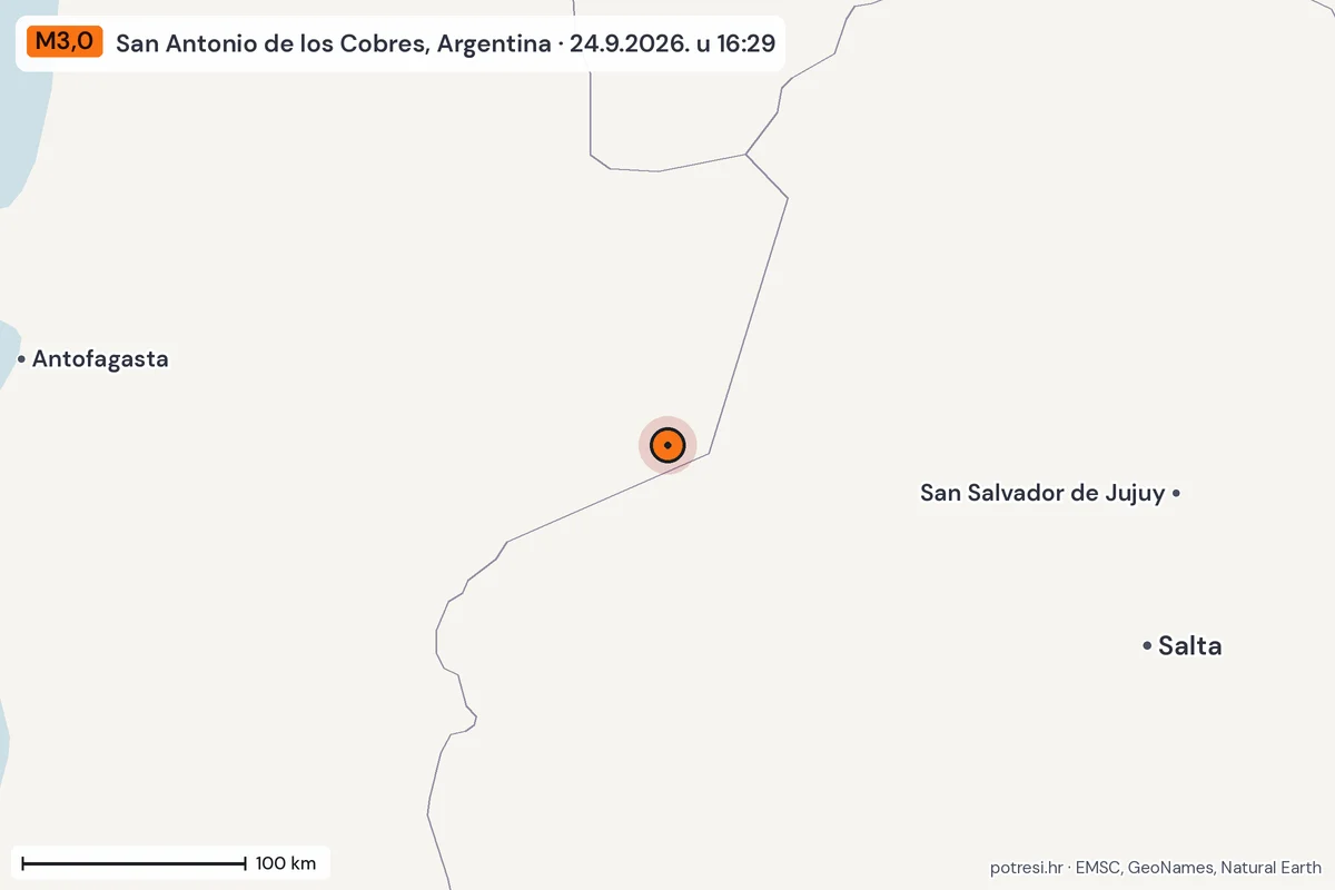 Karta: šire područje, 600 km, potres M3,0, San Antonio de los Cobres, Argentina, 24.9.2026.