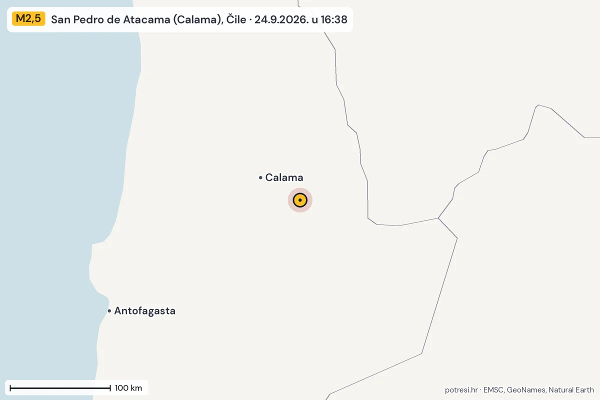 Karta: šire područje, 600 km, potres M2,5, San Pedro de Atacama (Calama), Čile, 24.9.2026.