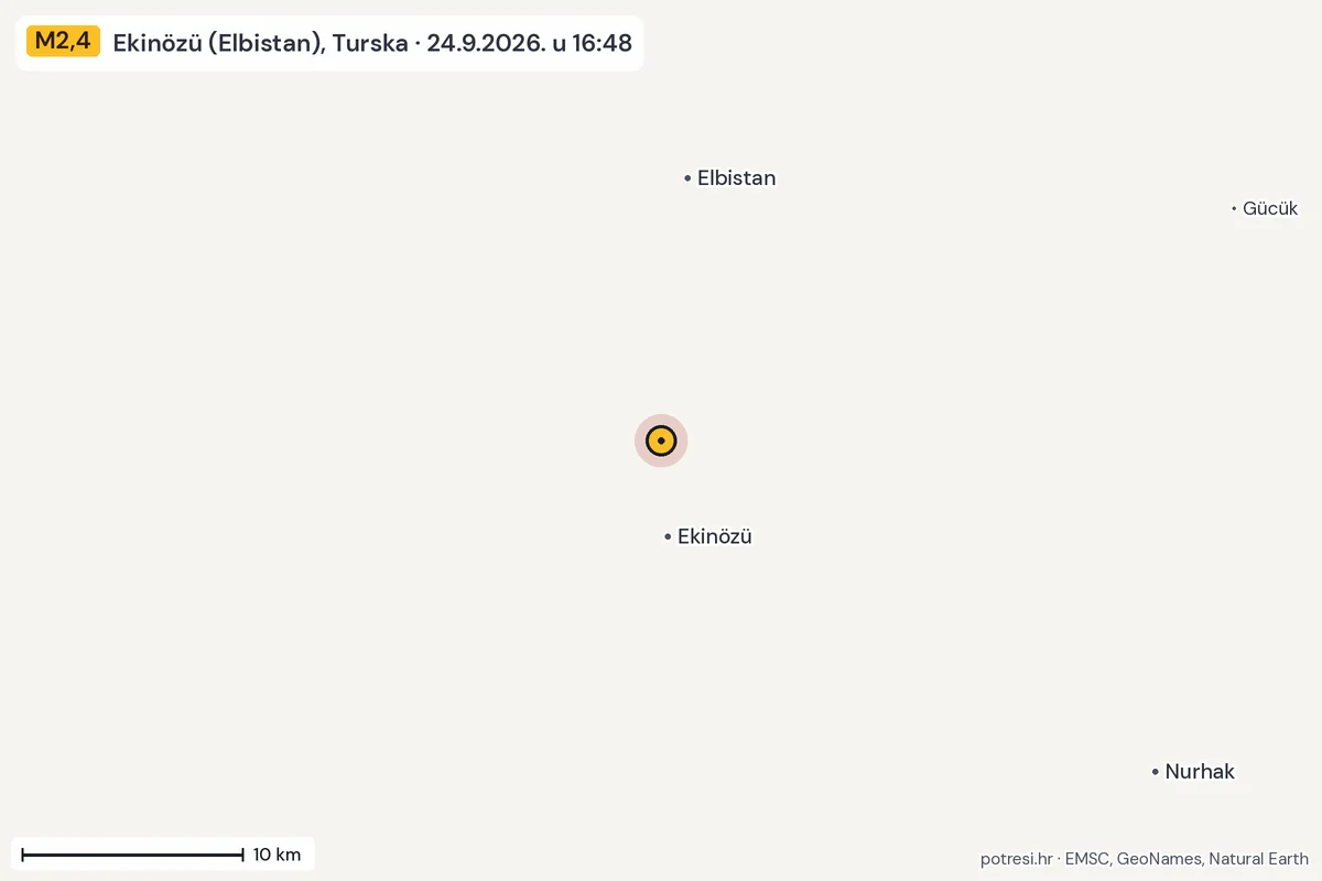 Karta: okolica epicentra, 60 km, potres M2,4, Ekinözü (Elbistan), Turska, 24.9.2026.