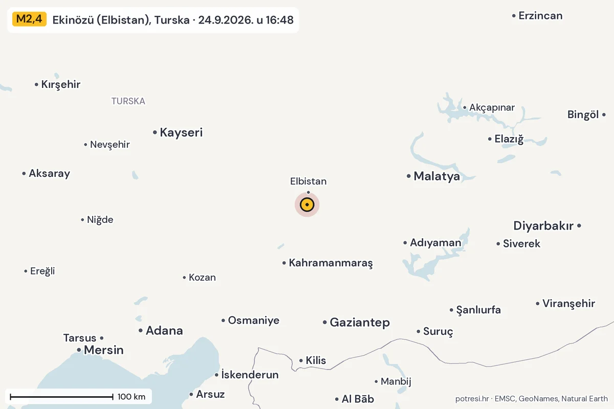 Karta: šire područje, 600 km, potres M2,4, Ekinözü (Elbistan), Turska, 24.9.2026.