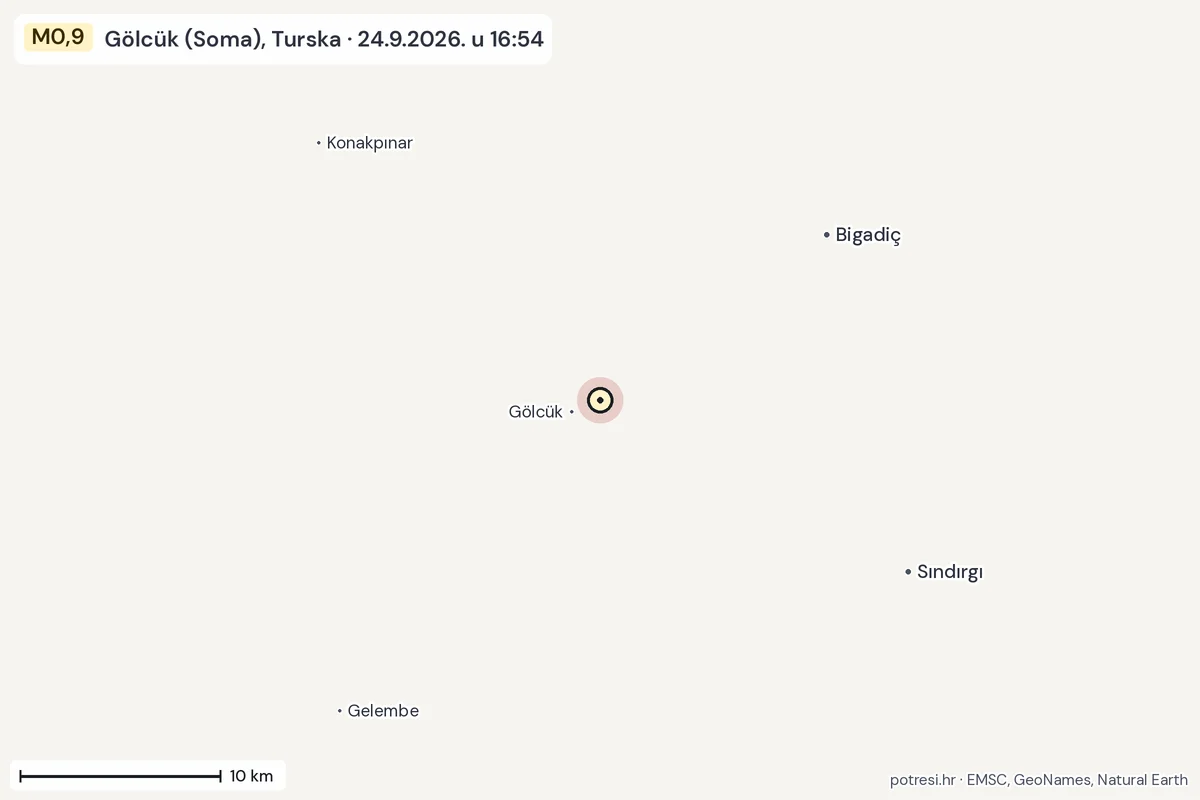 Karta: okolica epicentra, 60 km, potres M0,9, Gölcük (Soma), Turska, 24.9.2026.