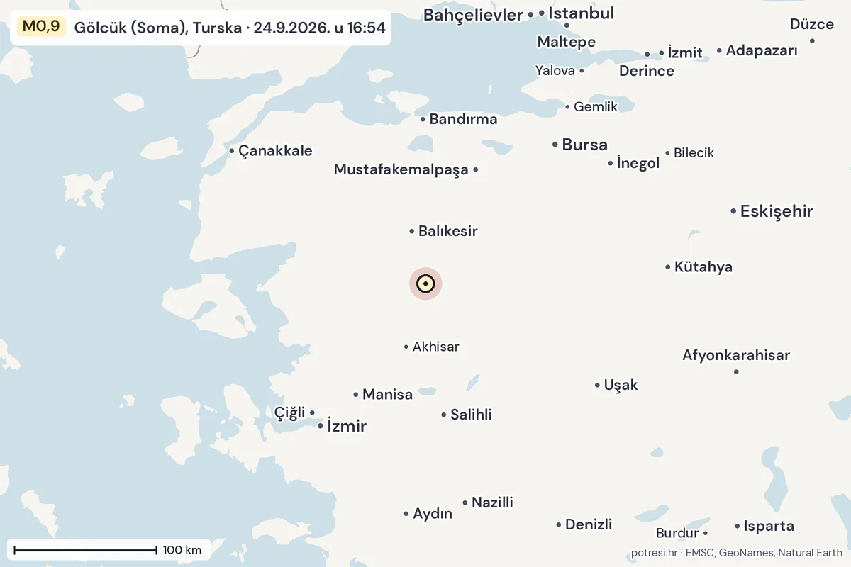 Karta: šire područje, 600 km, potres M0,9, Gölcük (Soma), Turska, 24.9.2026.