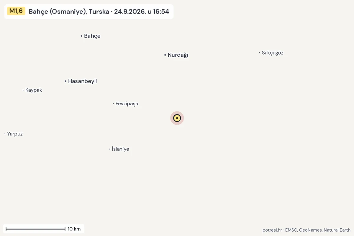 Karta: okolica epicentra, 60 km, potres M1,6, Bahçe (Osmaniye), Turska, 24.9.2026.