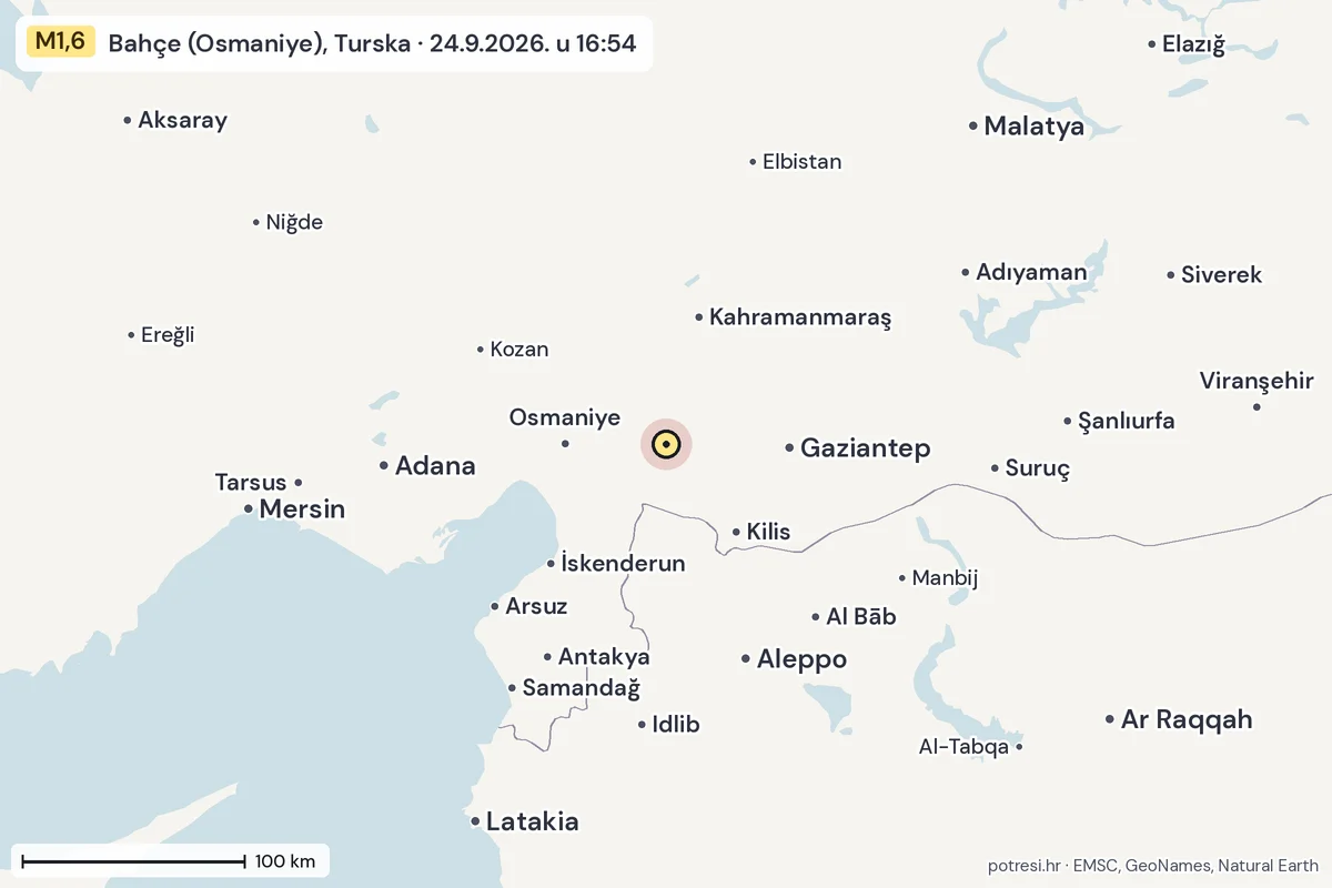Karta: šire područje, 600 km, potres M1,6, Bahçe (Osmaniye), Turska, 24.9.2026.