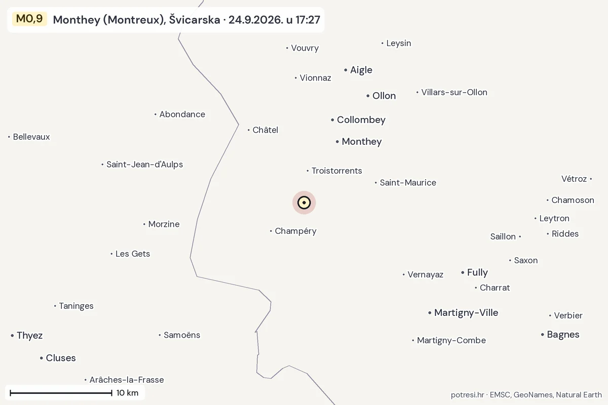 Karta: okolica epicentra, 60 km, potres M0,9, Monthey (Montreux), Švicarska, 24.9.2026.
