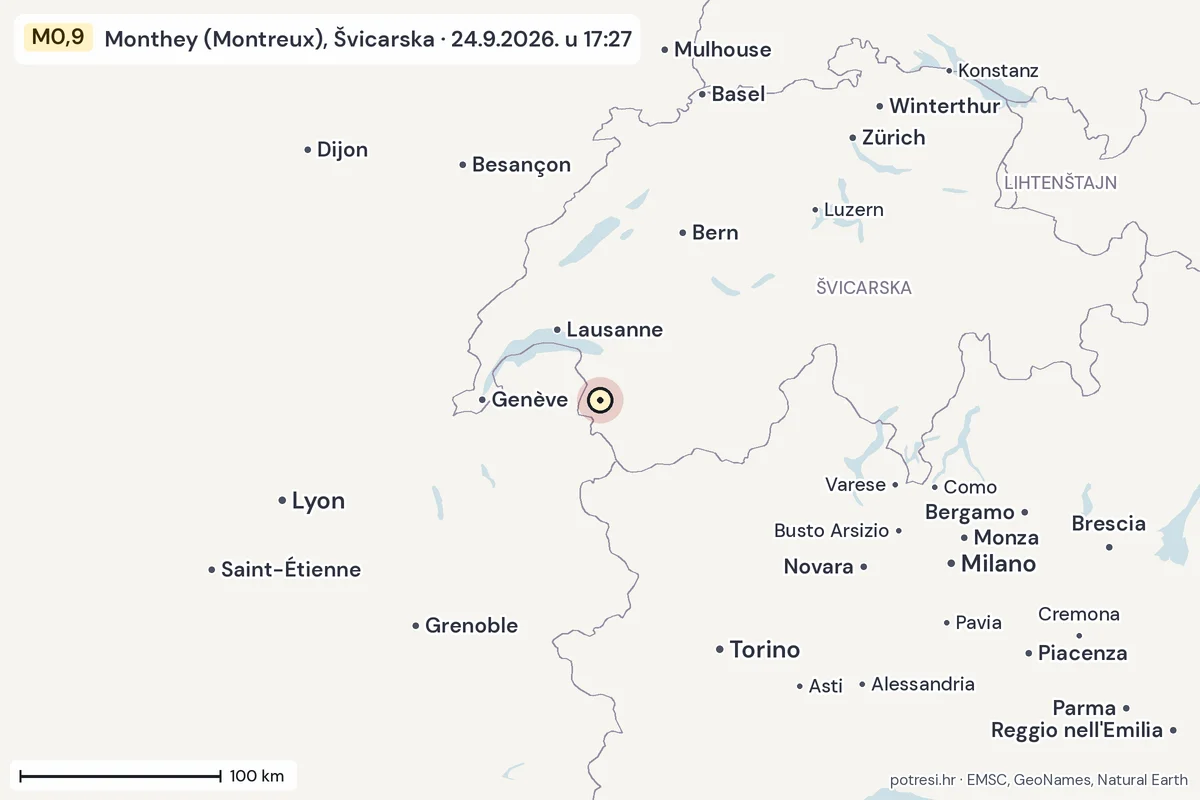 Karta: šire područje, 600 km, potres M0,9, Monthey (Montreux), Švicarska, 24.9.2026.