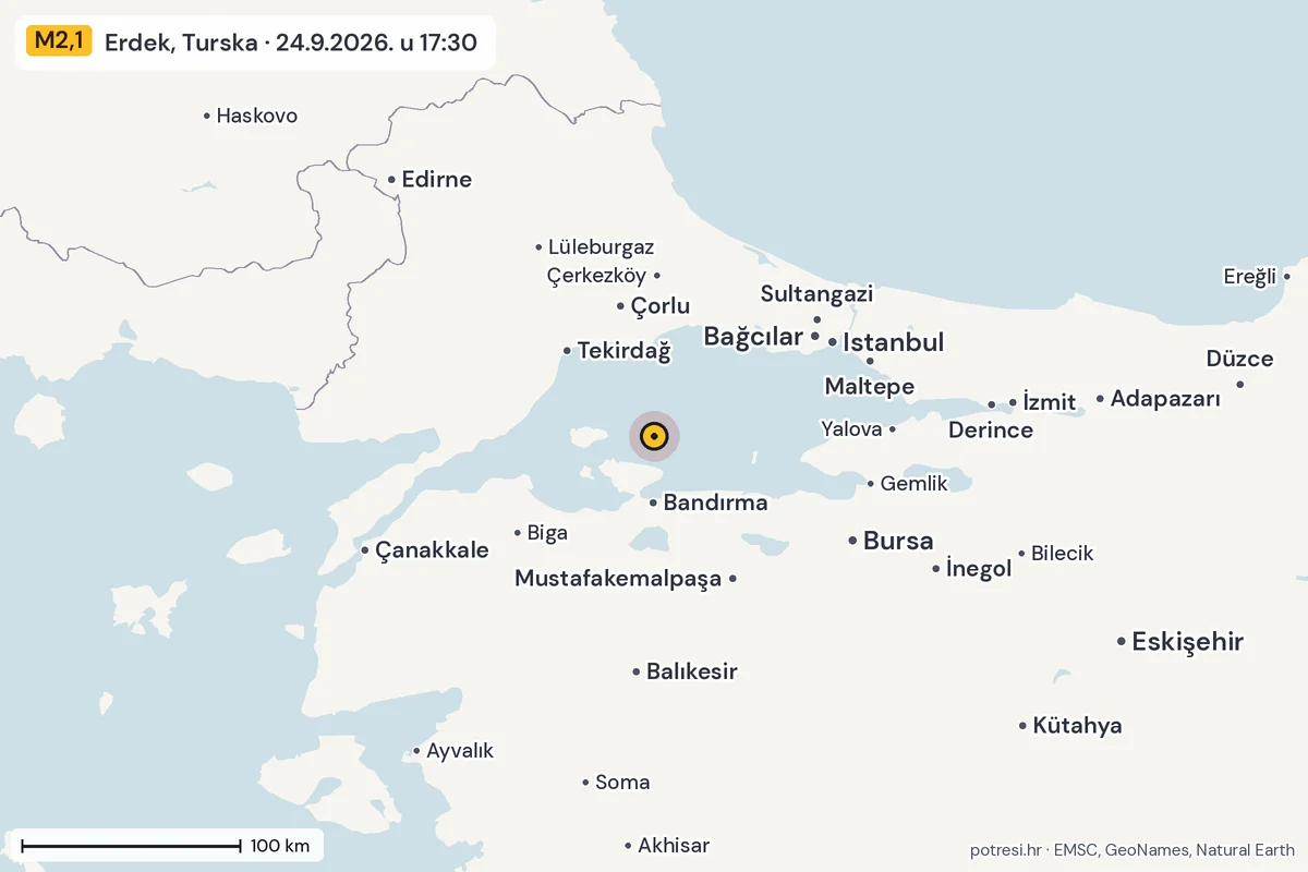 Karta: šire područje, 600 km, potres M2,1, Erdek, Turska, 24.9.2026.