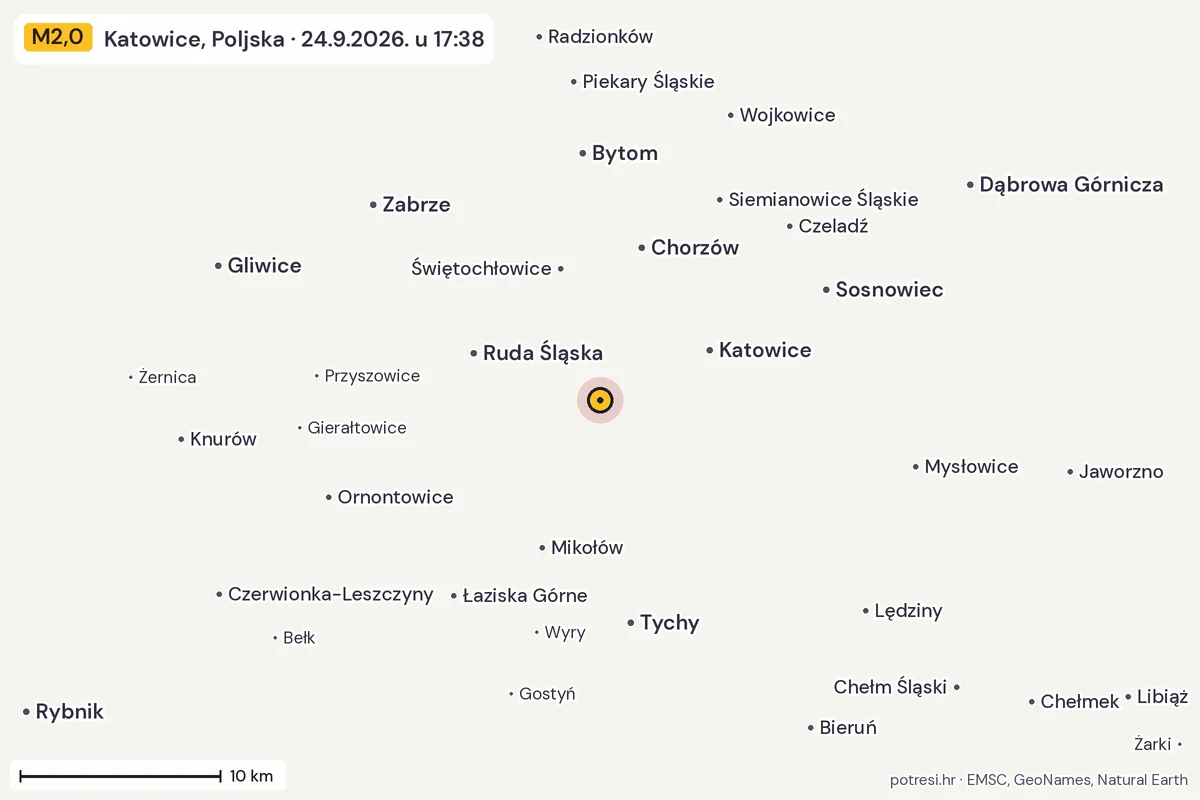Karta: okolica epicentra, 60 km, potres M2,0, Katowice, Poljska, 24.9.2026.