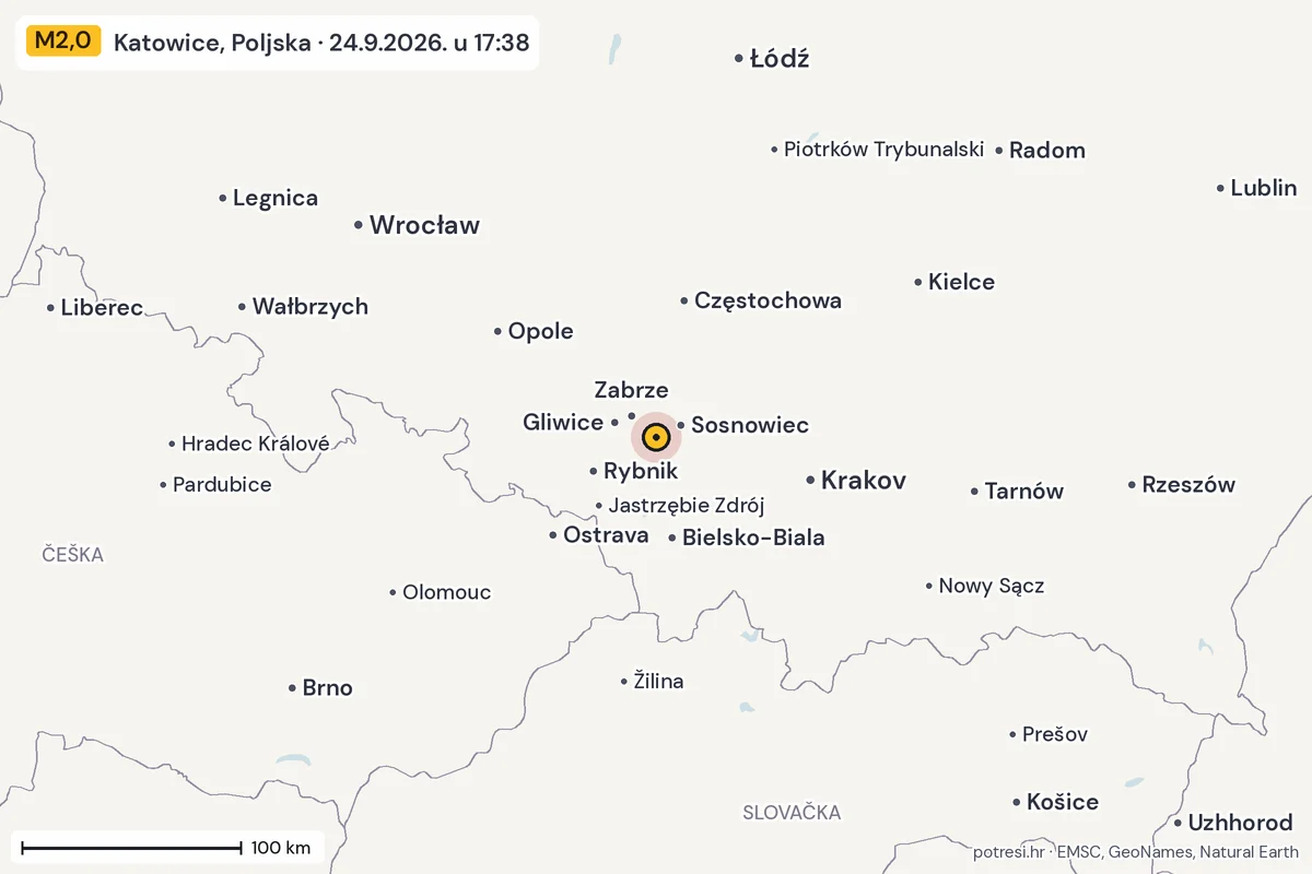 Karta: šire područje, 600 km, potres M2,0, Katowice, Poljska, 24.9.2026.