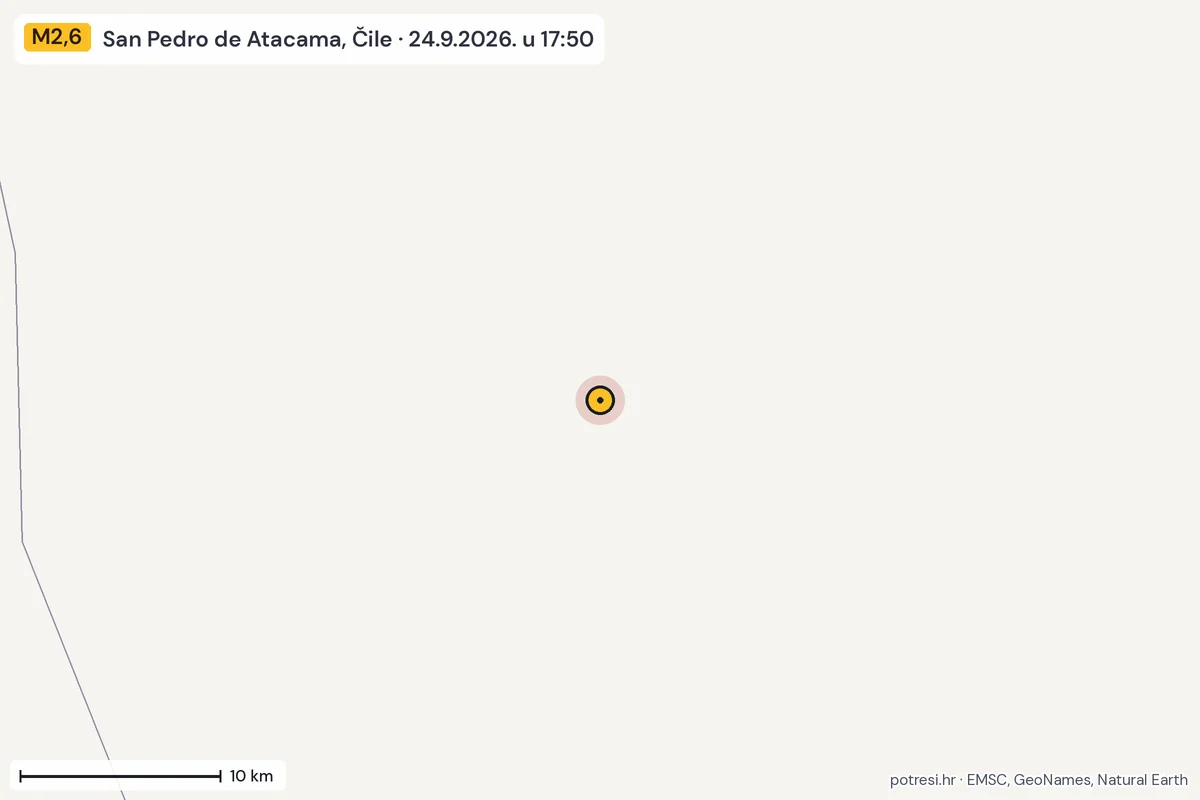 Karta: okolica epicentra, 60 km, potres M2,6, San Pedro de Atacama, Čile, 24.9.2026.