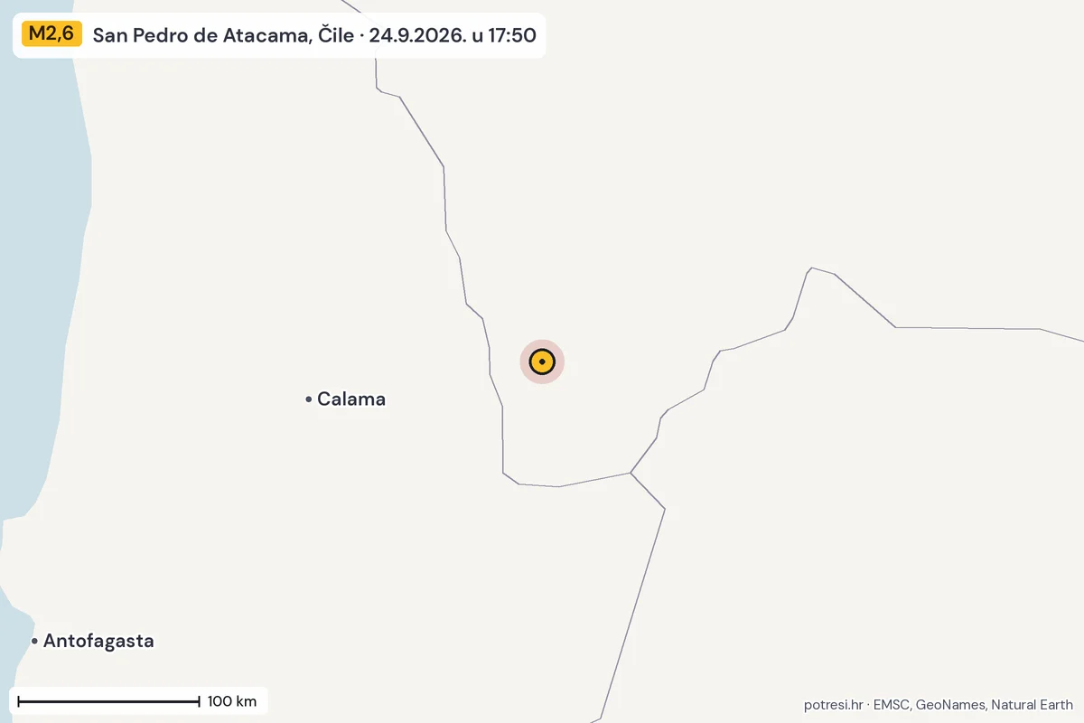 Karta: šire područje, 600 km, potres M2,6, San Pedro de Atacama, Čile, 24.9.2026.
