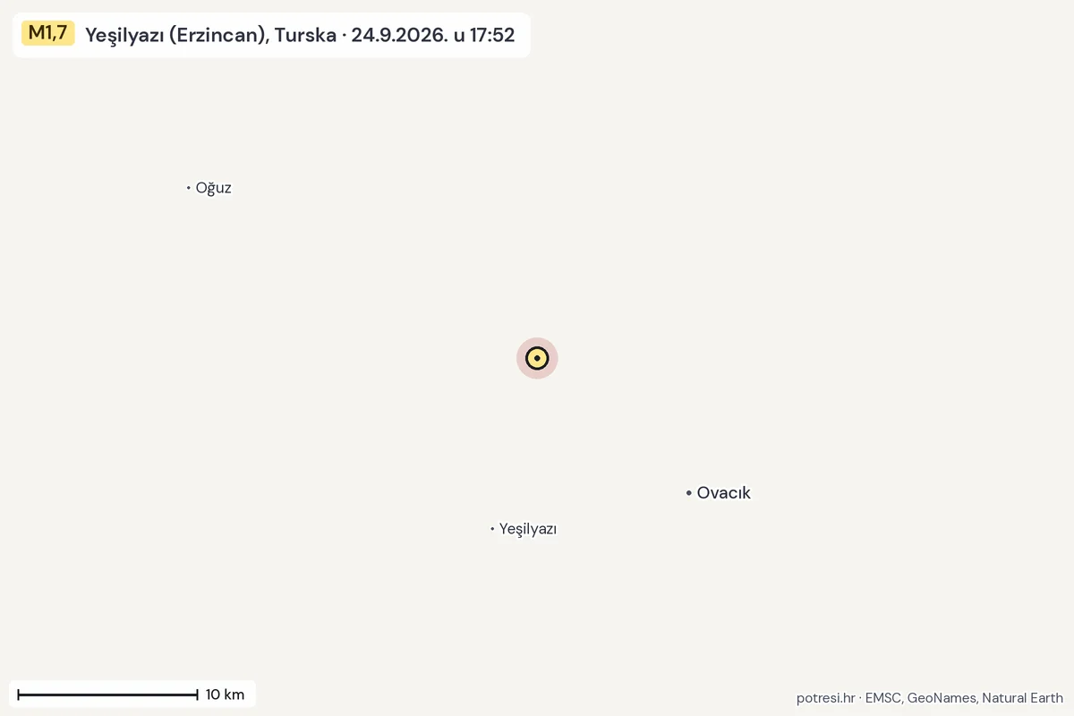 Karta: okolica epicentra, 60 km, potres M1,7, Yeşilyazı (Erzincan), Turska, 24.9.2026.