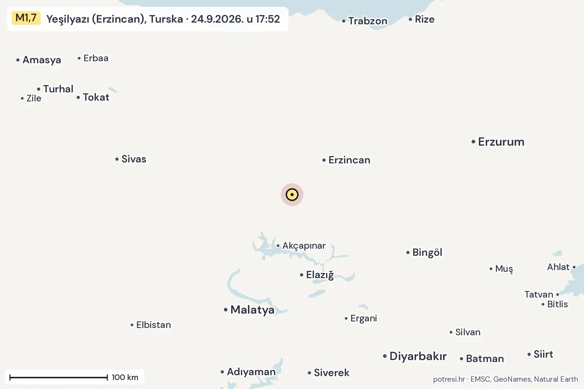Karta: šire područje, 600 km, potres M1,7, Yeşilyazı (Erzincan), Turska, 24.9.2026.